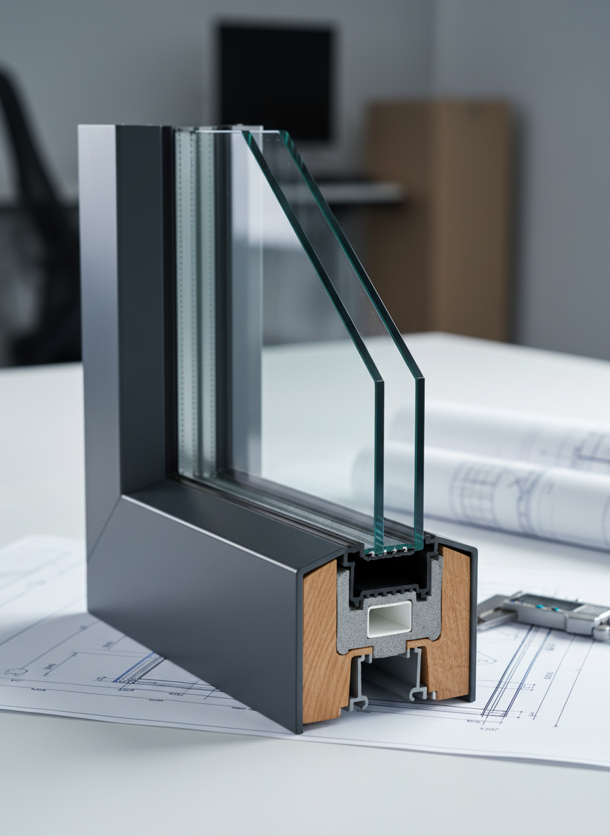 A close-up, photographic view of a high-performance exterior window corner mock-up, combining dark anthracite aluminum on the outside and warm natural oak on the inside. The section is cut away to reveal thermal insulation layers, multi-chamber profiles, and triple-glazed glass with low-emissivity coatings. It rests on a clean white drafting table with neatly aligned technical drawings and a digital caliper nearby. Cool, even studio lighting illuminates the profiles, creating crisp highlights on the metal and soft sheen on the wood grain, with minimal shadows. Shot from a slightly elevated angle with shallow depth of field, emphasizing the precision of the assembly and technical rigor, while the background fades into a soft blur of rolled plans and neutral tones, reinforcing a modern, engineering-focused aesthetic.