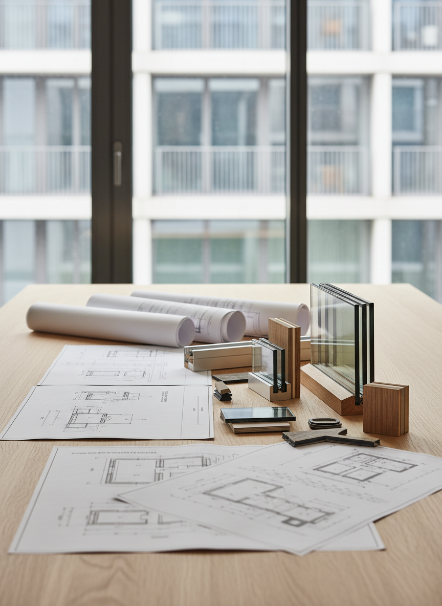 A sleek panoramic view of a contemporary office meeting table covered with precise architectural plans of exterior joinery, detailed façade elevation drawings, and technical sections of aluminum and wood window systems. Beside the plans sit neatly arranged material samples: brushed aluminum profiles, laminated timber sections, insulated glazing units, and weatherproof gaskets. The scene is set on a light oak tabletop near a large window overlooking a modern building façade. Soft, diffused daylight enters from the side, creating gentle reflections on the glass samples and subtle shadows along the rolled blueprints. Photographic realism, eye-level composition with a slight angle, sharp focus on the documents in the foreground and a softly blurred urban exterior in the background, conveying a professional, meticulous, and trustworthy atmosphere.