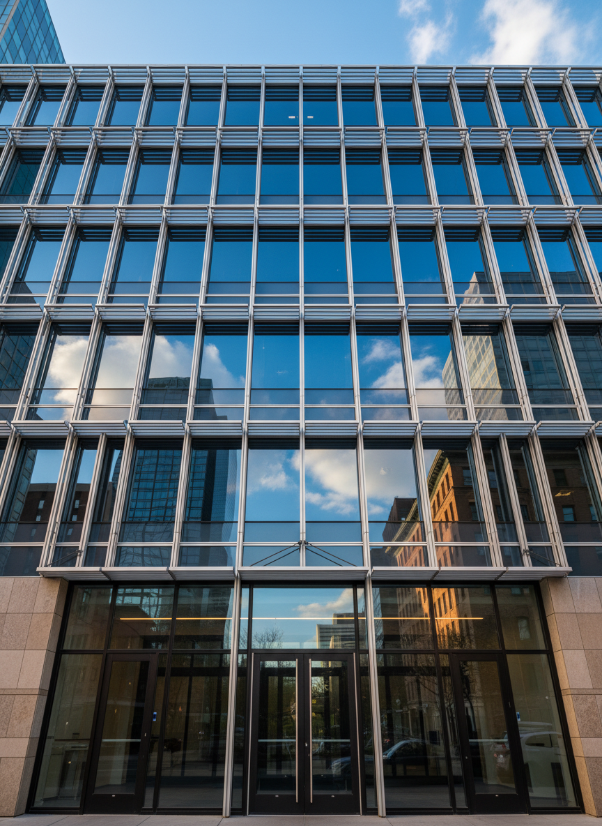 A wide, exterior photographic shot of a newly completed commercial building façade showcasing expertly installed exterior joinery: large curtain wall glazing, slender aluminum frames, and rhythmically aligned vertical sunshades. The façade reflects a clear blue sky and surrounding cityscape in its glass surfaces. The base of the building reveals robust entrance doors with integrated side panels and top lights. Late afternoon golden hour light washes across the façade, creating warm reflections and subtle contrast between glass, metal, and stone cladding. Captured from a low-angle perspective to emphasize height and precision alignment, with sharp focus throughout. The composition uses leading lines from the mullions to guide the eye upwards, conveying reliability, technical mastery, and turnkey delivery quality in a clean, modern, corporate aesthetic.